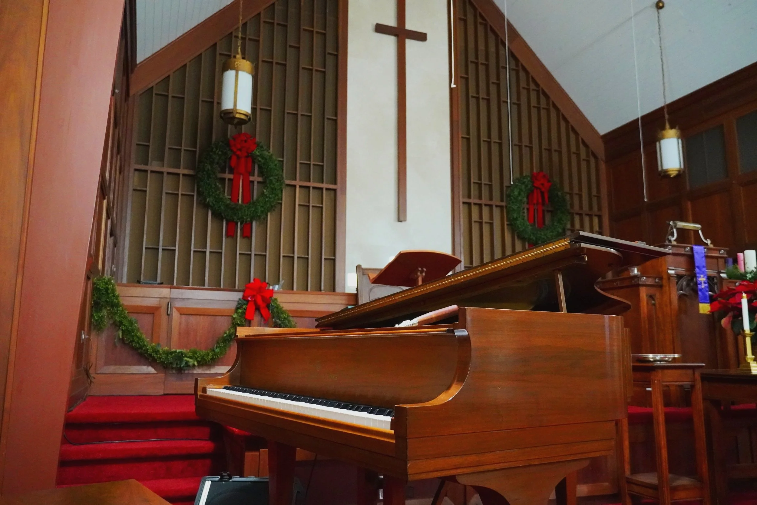 Church interior with piano — Moore Piano Services retired piano program